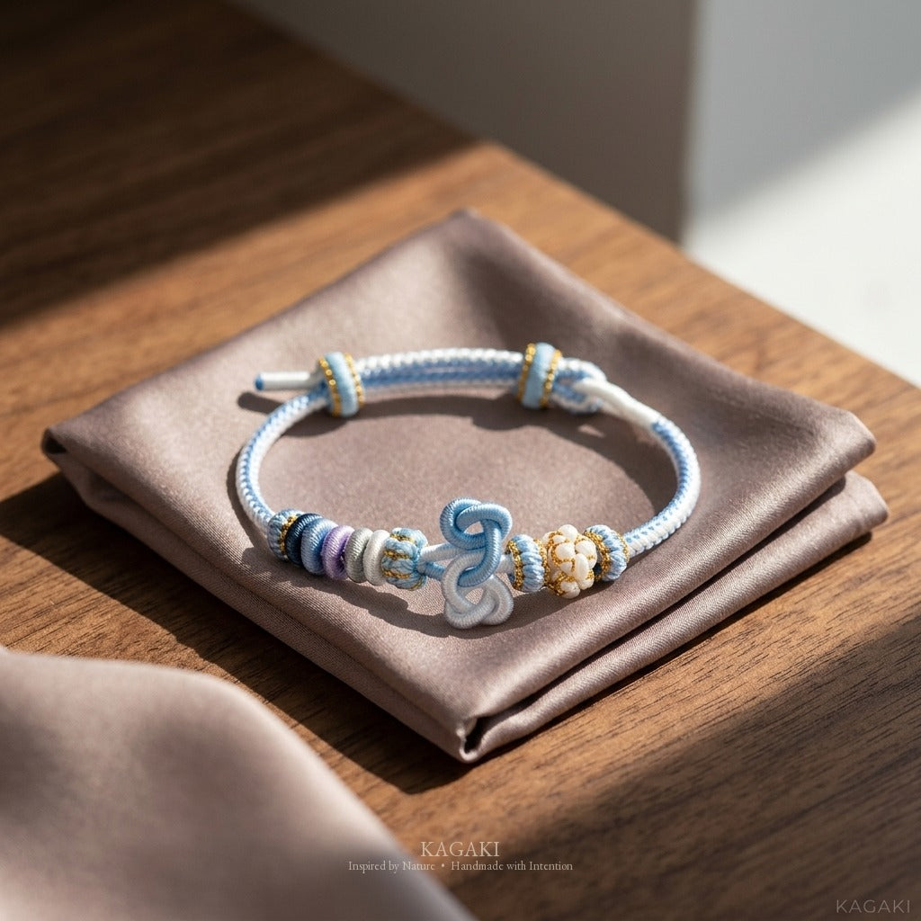 KAGAKI handmade Tibetan-inspired soft double knot cord bracelet — Hush – 静 — Sky Hush — styled-scene-supplemental (8/17)