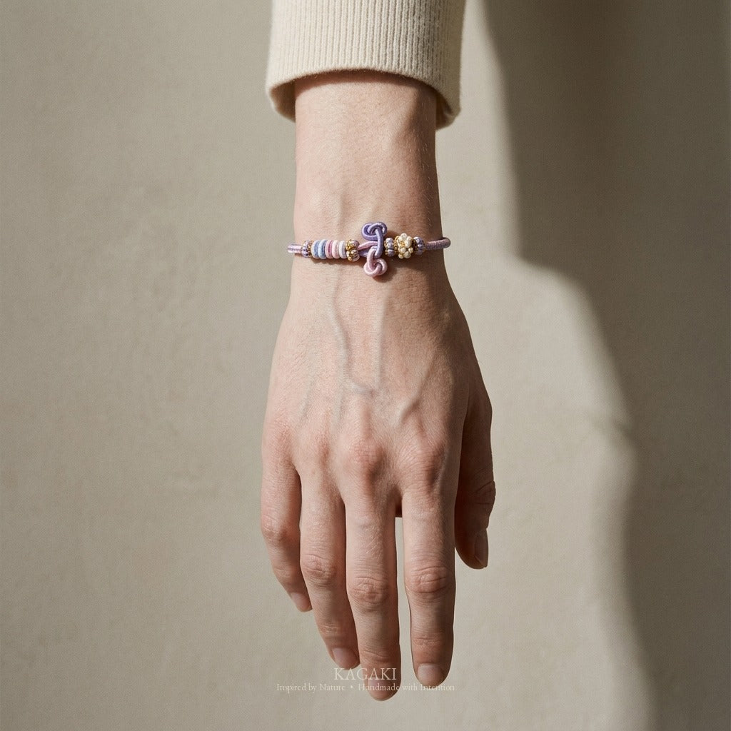 KAGAKI handmade Tibetan-inspired soft double knot cord bracelet — Hush – 静 — Dusk Hush — on-wrist-luxury-supplemental (12/17)