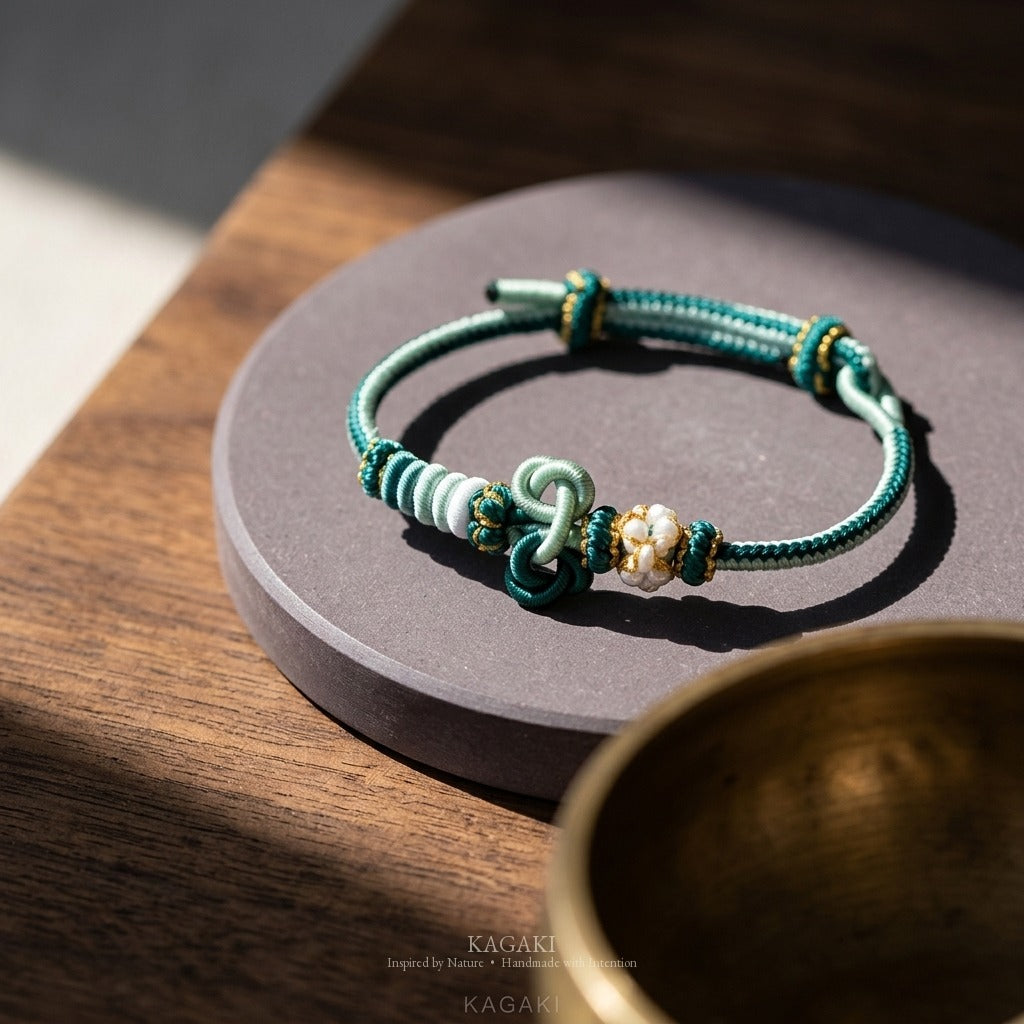 KAGAKI handmade Tibetan-inspired soft double knot cord bracelet — Hush – 静 — — — styled-scene (3/17)