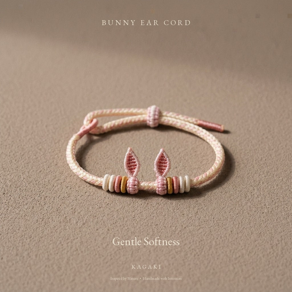 KAGAKI Bunny Knot soft pink bunny ear cord, product view, handmade cord bracelet gift