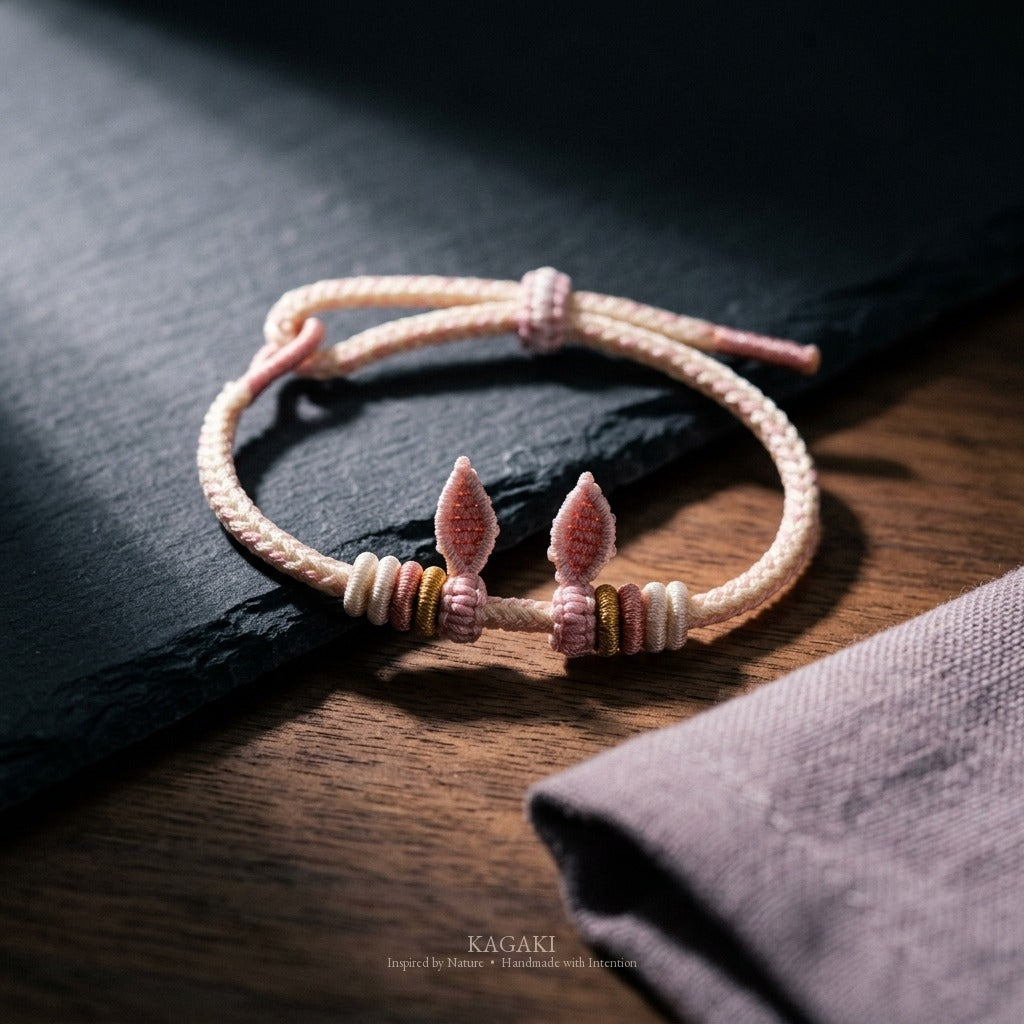 KAGAKI Bunny Knot soft pink bunny ear cord, studio view, handmade cord bracelet gift