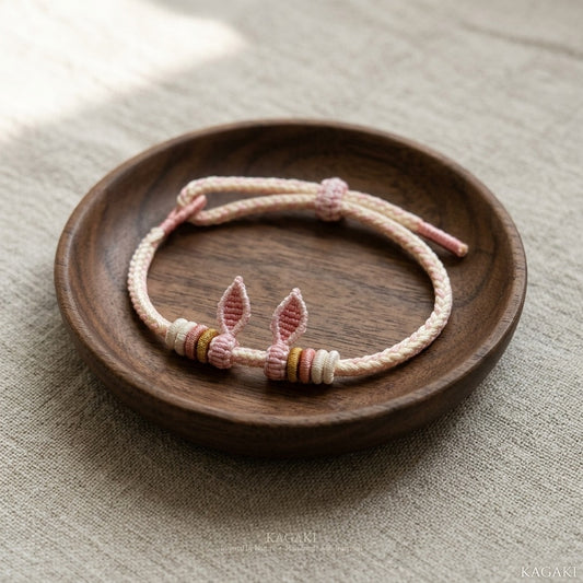 KAGAKI Bunny Knot soft pink bunny ear cord, studio view, handmade cord bracelet gift