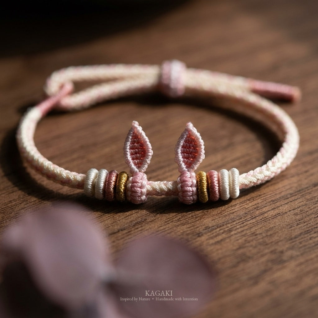 KAGAKI Bunny Knot soft pink bunny ear cord, studio view, handmade cord bracelet gift