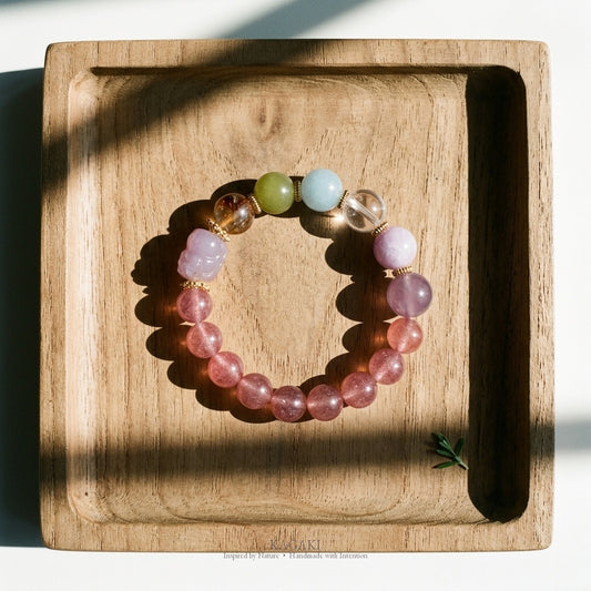 KAGAKI Berry strawberry quartz beaded bracelet, studio styled view, handmade strawberry quartz bracelet