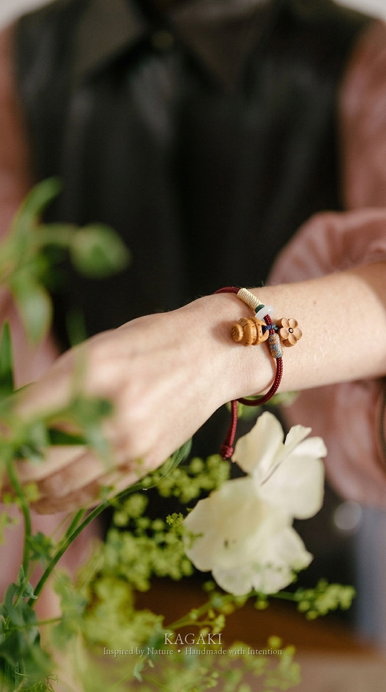 KAGAKI Cedar wooden charm tibetan cord bracelet, worn on wrist, handmade wooden bead bracelet
