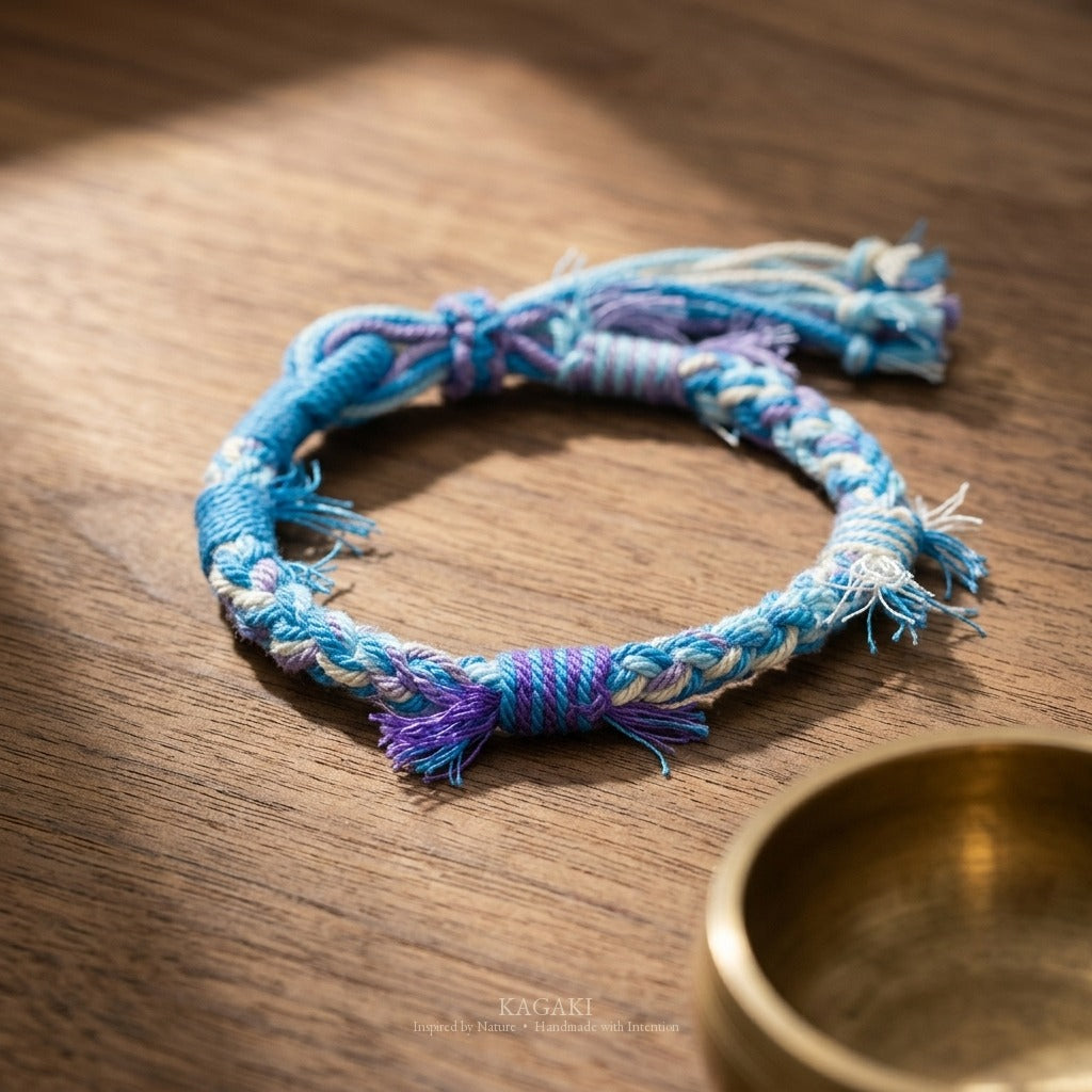 KAGAKI Spool River Stone tibetan cotton cord handmade, studio view, handmade cord bracelet gift