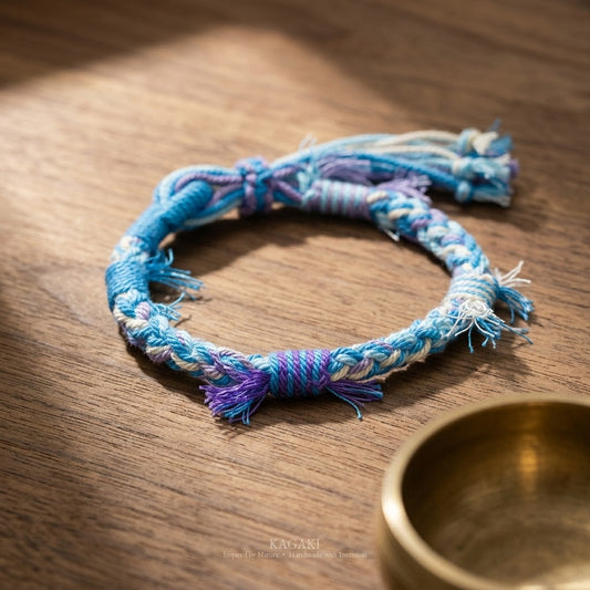 KAGAKI Spool River Stone tibetan cotton cord handmade, studio view, handmade cord bracelet gift