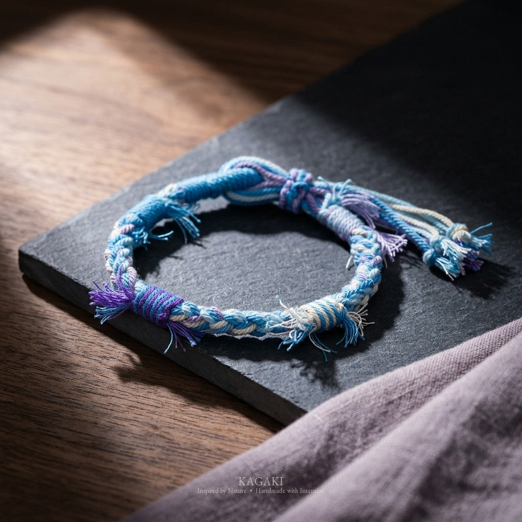 KAGAKI Spool River Stone tibetan cotton cord handmade, studio view, handmade cord bracelet gift