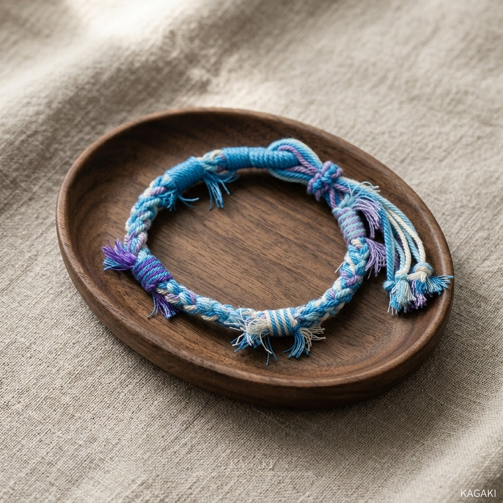 KAGAKI Spool River Stone tibetan cotton cord handmade, studio view, handmade cord bracelet gift