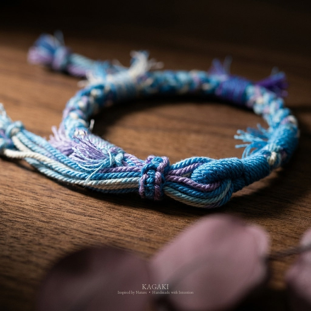 KAGAKI Spool River Stone tibetan cotton cord handmade, studio view, handmade cord bracelet gift