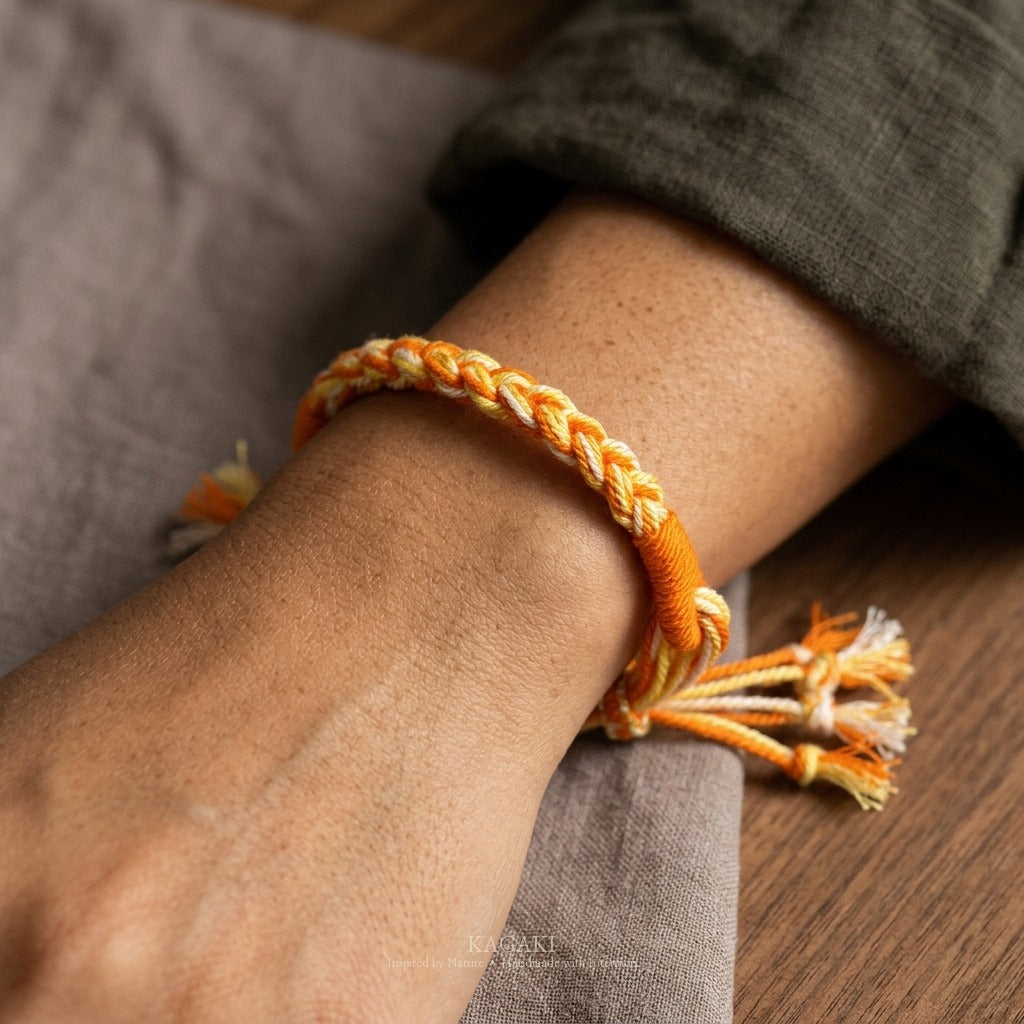 KAGAKI Spool Warm Citrus tibetan cotton cord handmade, wrist view, handmade cord bracelet gift