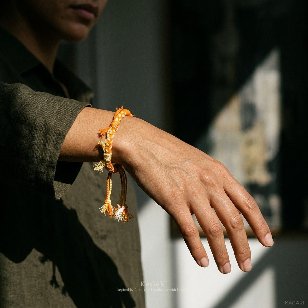 KAGAKI Spool Warm Citrus tibetan cotton cord handmade, wrist view, handmade cord bracelet gift