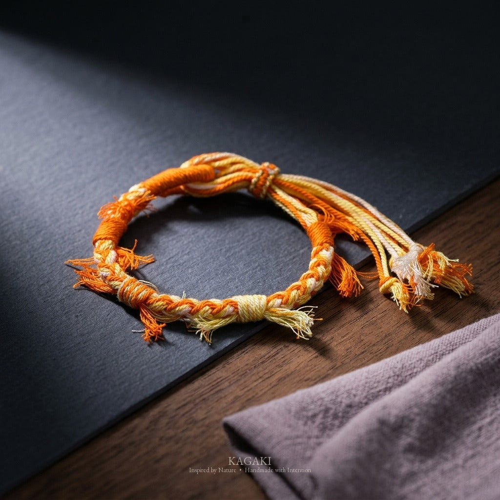 KAGAKI Spool Warm Citrus tibetan cotton cord handmade, studio view, handmade cord bracelet gift