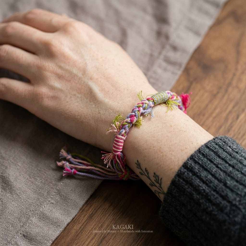 KAGAKI Spool Soft Petal tibetan cotton cord handmade, wrist view, handmade cord bracelet gift