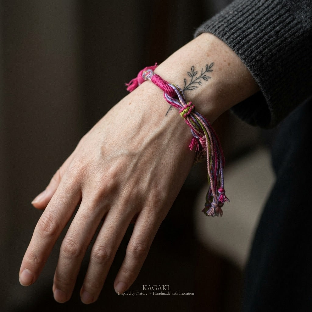 KAGAKI Spool Soft Petal tibetan cotton cord handmade, wrist view, handmade cord bracelet gift