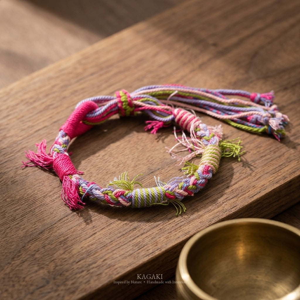 KAGAKI Spool Soft Petal tibetan cotton cord handmade, studio view, handmade cord bracelet gift