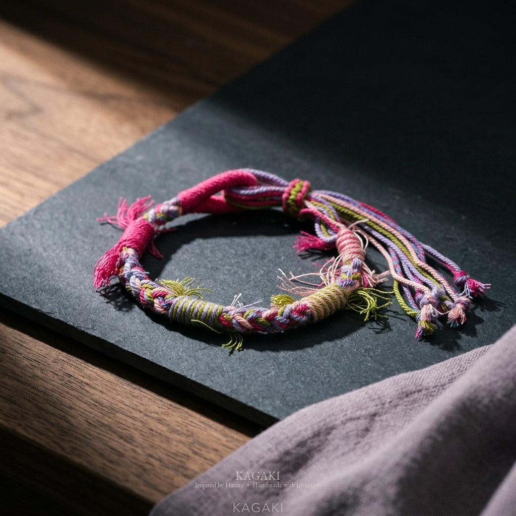 KAGAKI Spool Soft Petal tibetan cotton cord handmade, studio view, handmade cord bracelet gift