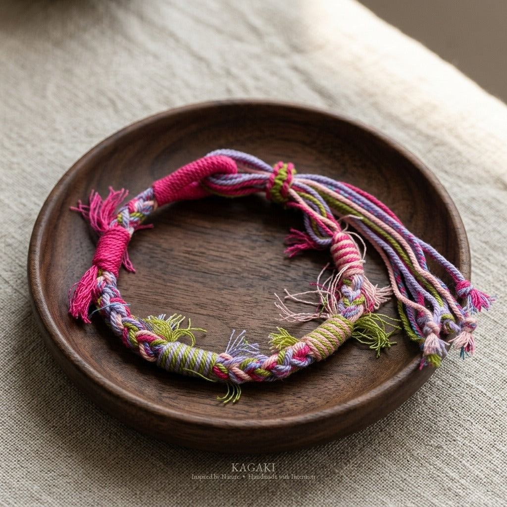 KAGAKI Spool Soft Petal tibetan cotton cord handmade, studio view, handmade cord bracelet gift