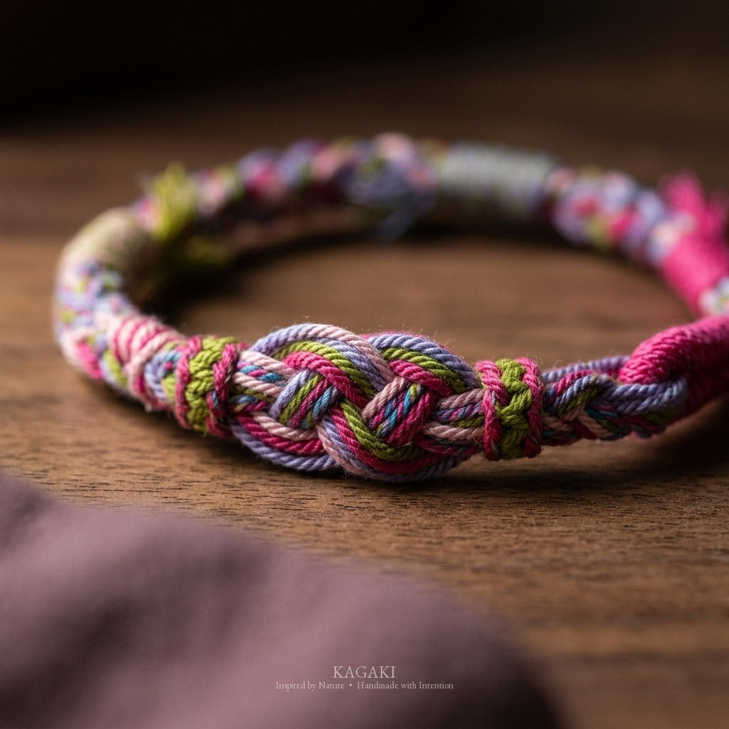 KAGAKI Spool Soft Petal tibetan cotton cord handmade, studio view, handmade cord bracelet gift