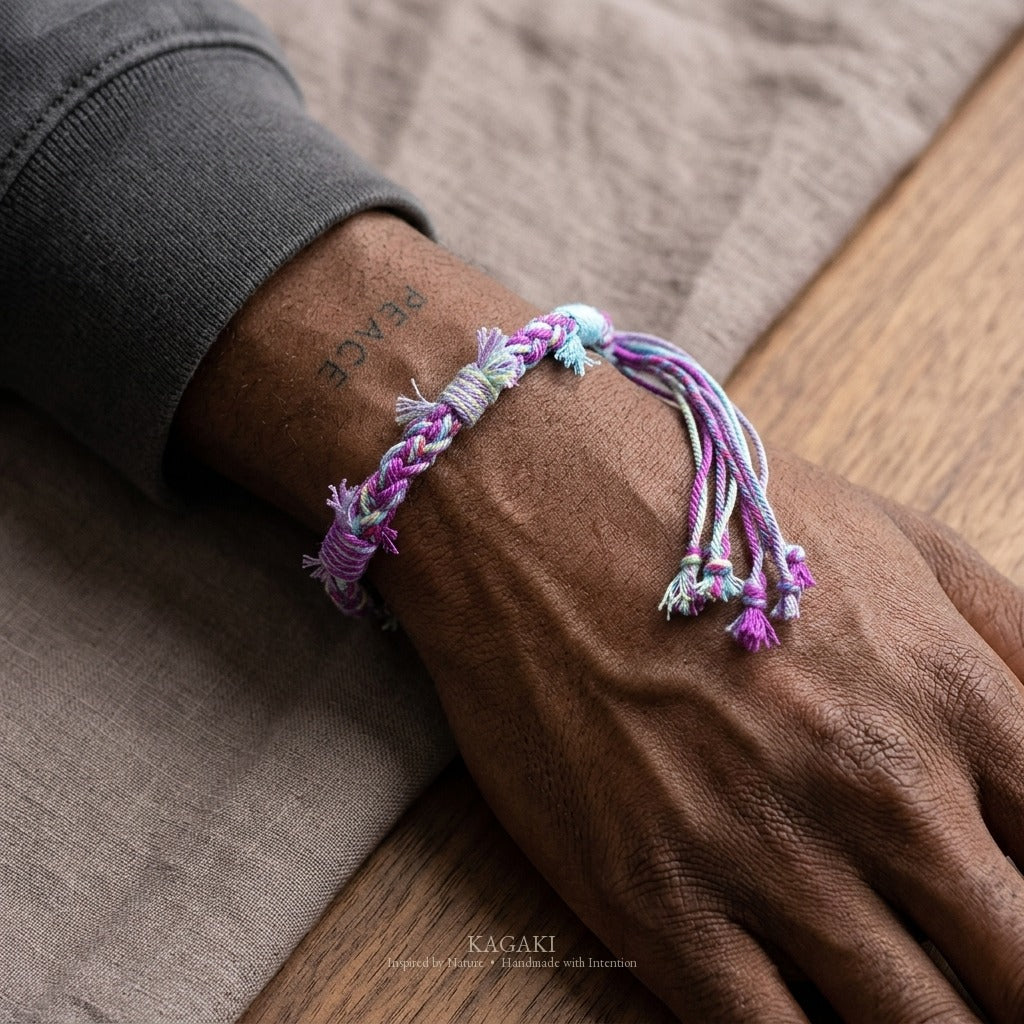 KAGAKI Spool Twilight Quiet tibetan cotton cord handmade, wrist view, handmade cord bracelet gift