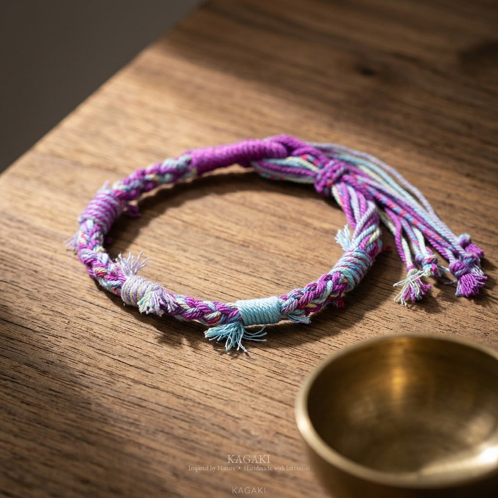 KAGAKI Spool Twilight Quiet tibetan cotton cord handmade, studio view, handmade cord bracelet gift