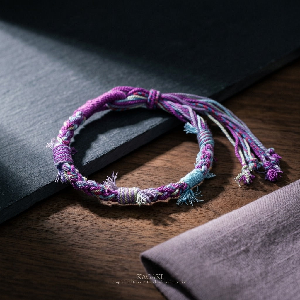 KAGAKI Spool Twilight Quiet tibetan cotton cord handmade, studio view, handmade cord bracelet gift