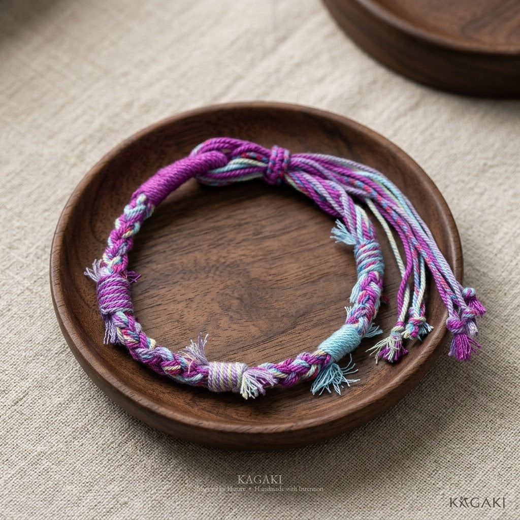 KAGAKI Spool Twilight Quiet tibetan cotton cord handmade, studio view, handmade cord bracelet gift