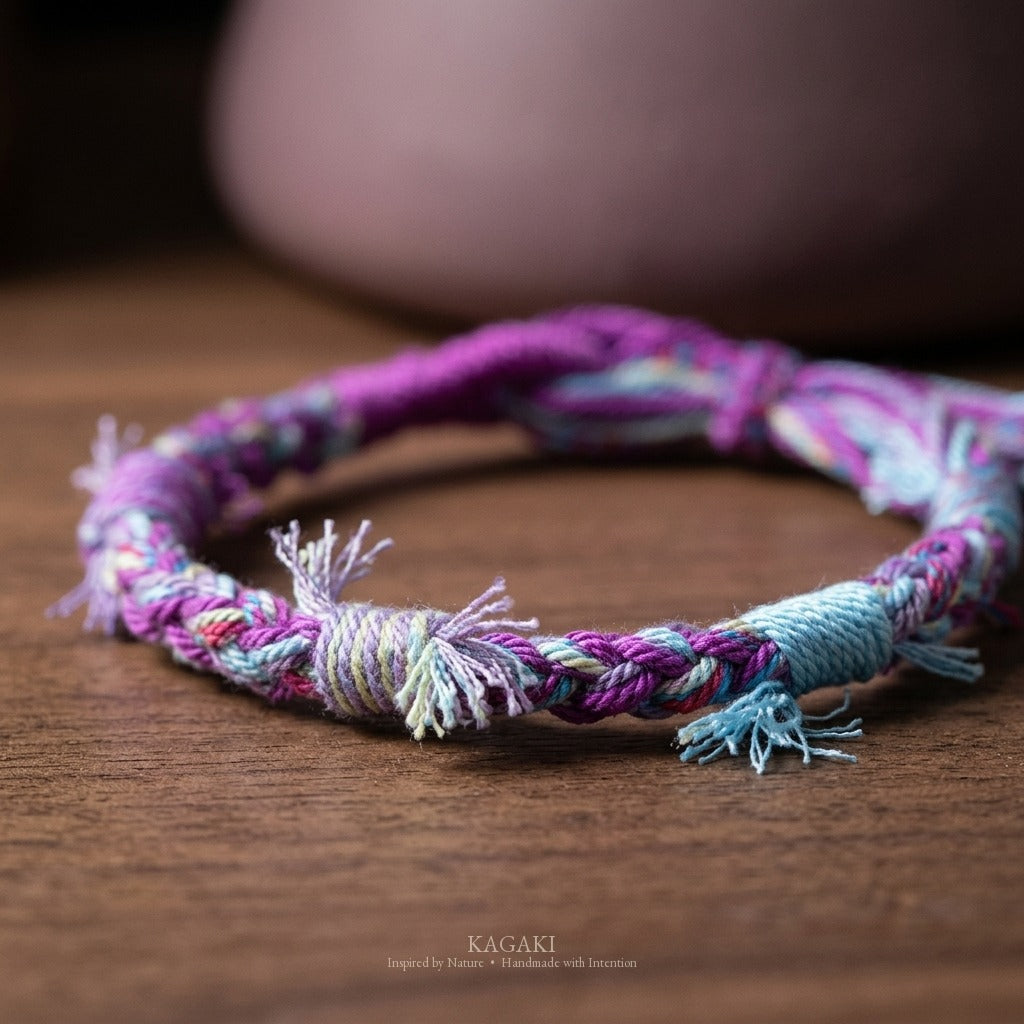 KAGAKI Spool Twilight Quiet tibetan cotton cord handmade, studio view, handmade cord bracelet gift