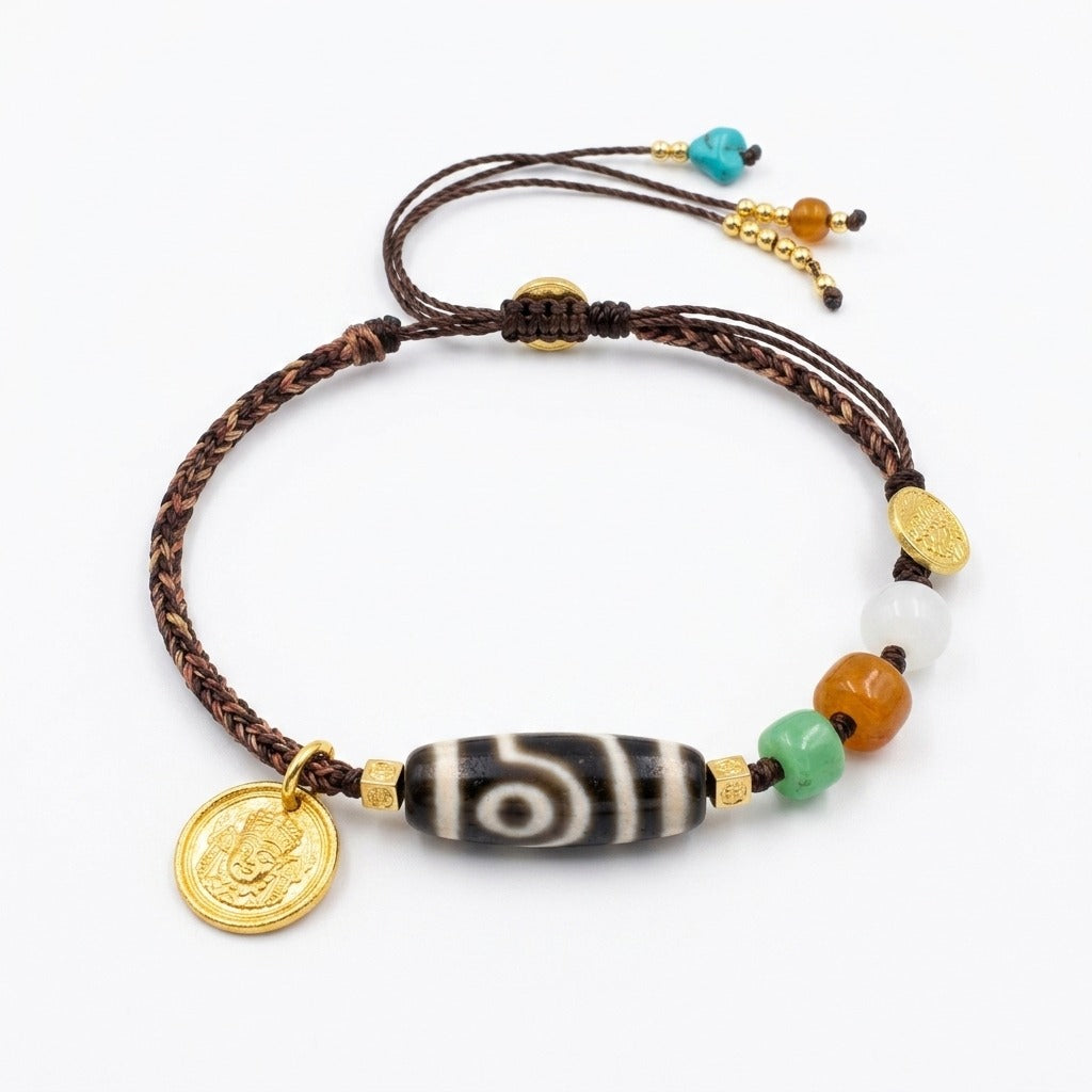 KAGAKI handmade cord bracelet tibetan dzi cord bracelet — brown + black + gold, main catalog image on white.