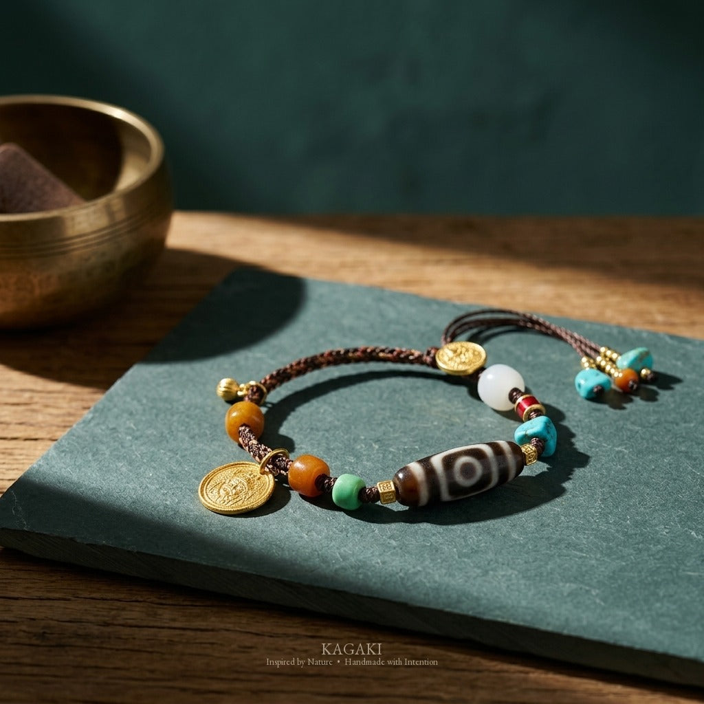 KAGAKI handmade cord bracelet tibetan dzi cord bracelet — brown + black + gold, editorial styled scene.
