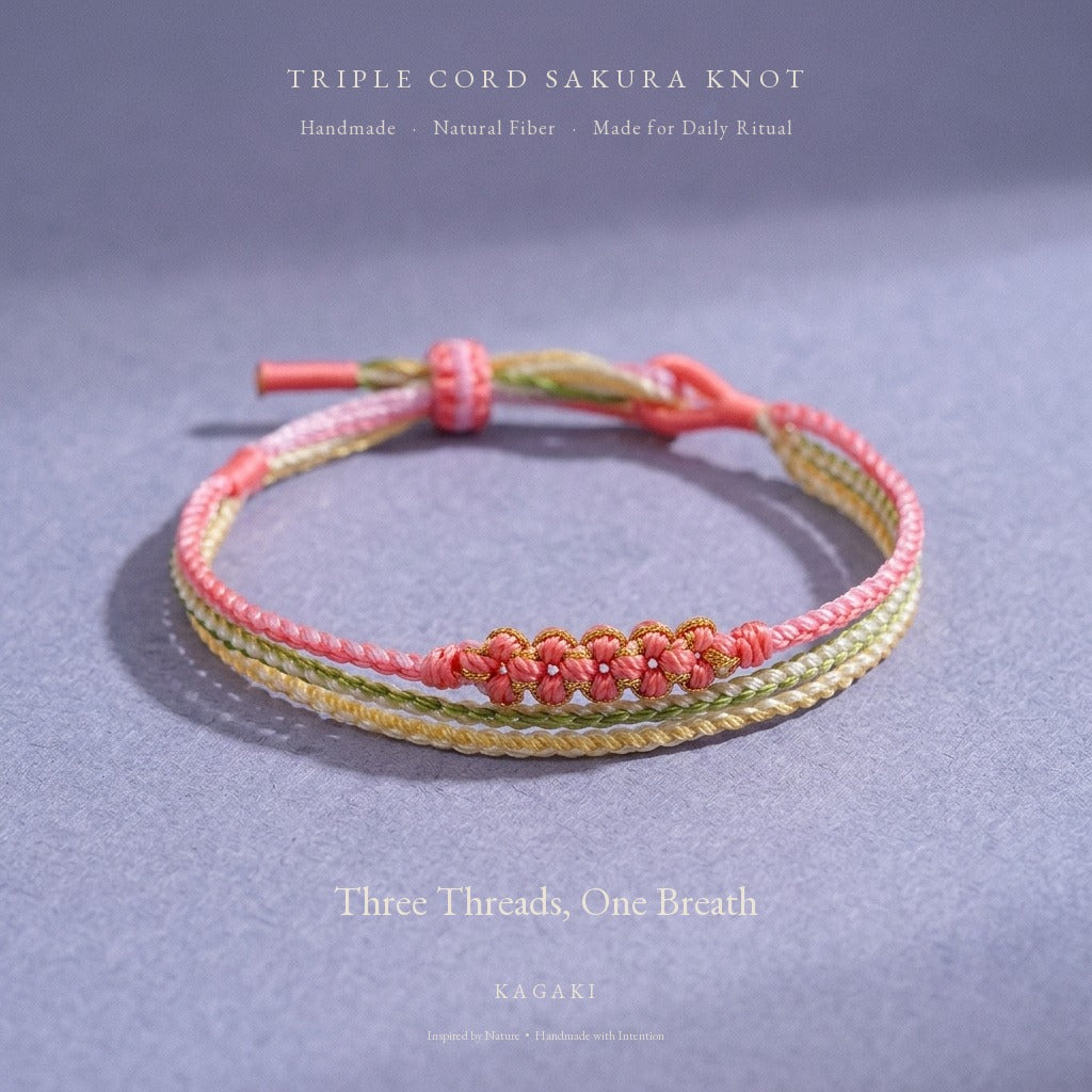 KAGAKI Trio Coral Triad triple cord sakura knot meditation, product view, meditation daily ritual
