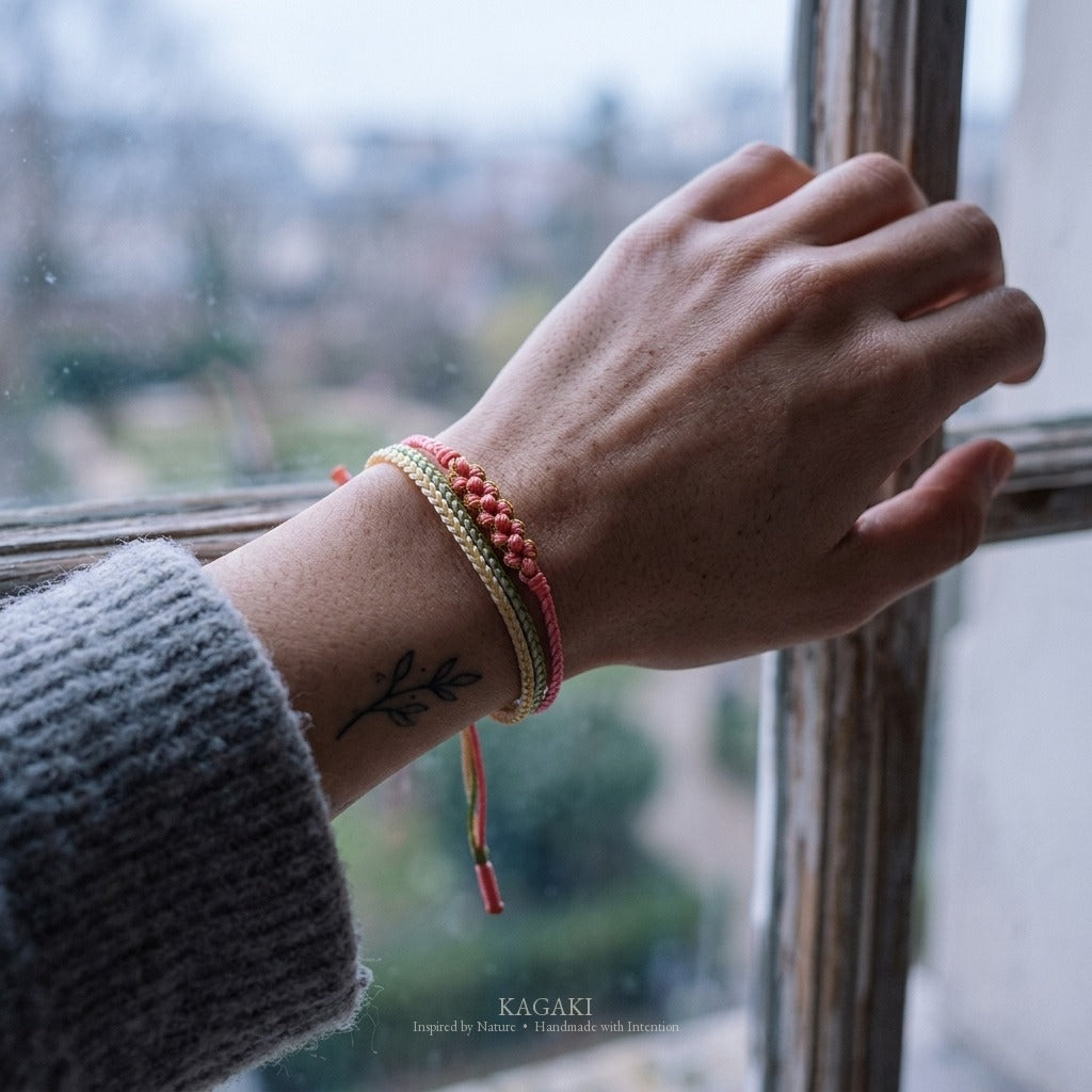KAGAKI Trio Coral Triad triple cord sakura knot meditation, wrist view, meditation daily ritual