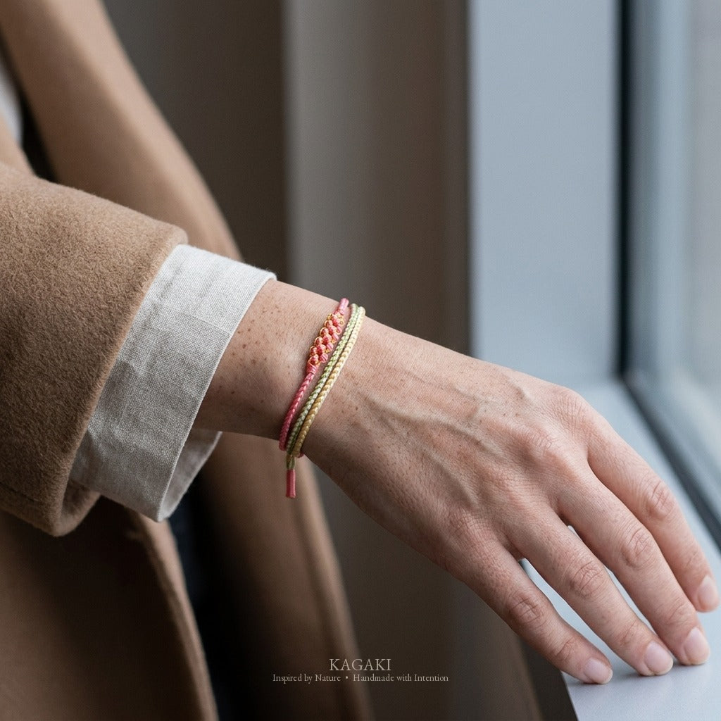 KAGAKI Trio Coral Triad triple cord sakura knot meditation, wrist view, meditation daily ritual