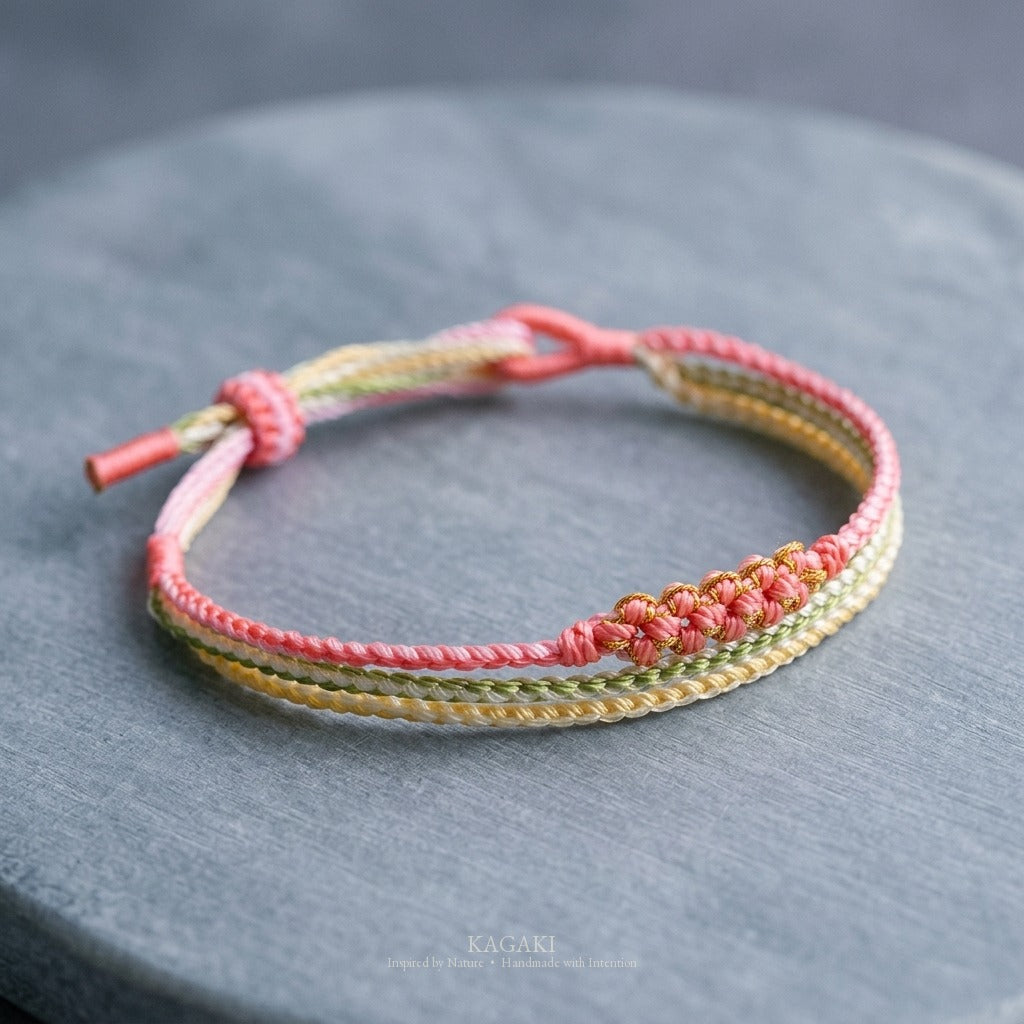 KAGAKI Trio Coral Triad triple cord sakura knot meditation, studio view, meditation daily ritual