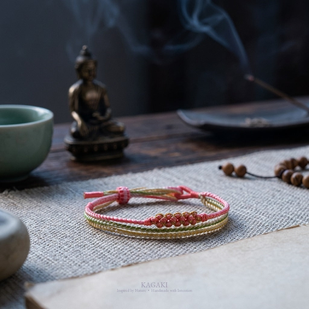 KAGAKI Trio Coral Triad triple cord sakura knot meditation, studio view, meditation daily ritual