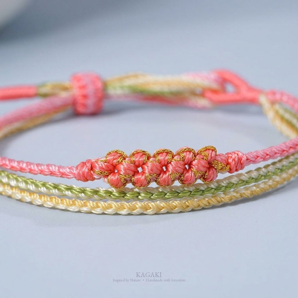 KAGAKI Trio Coral Triad triple cord sakura knot meditation, studio view, meditation daily ritual