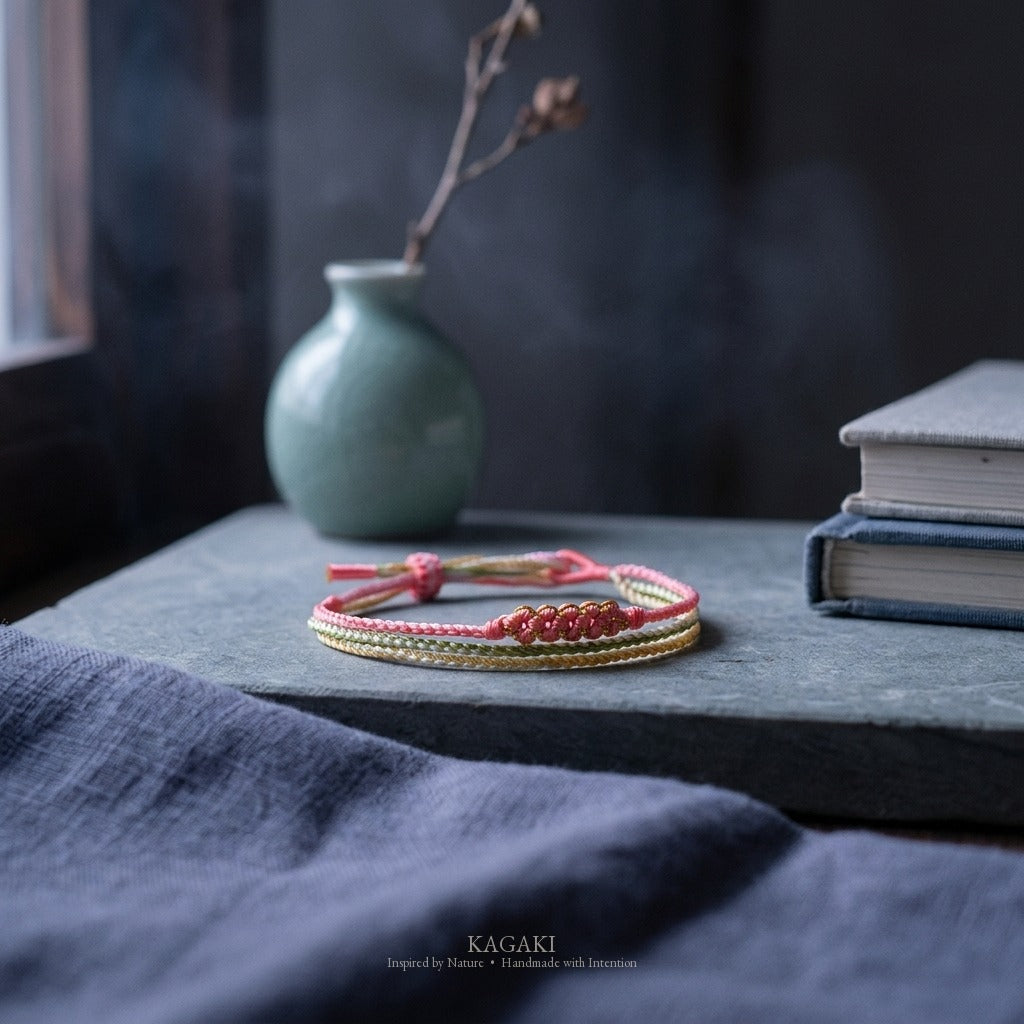 KAGAKI Trio Coral Triad triple cord sakura knot meditation, studio view, meditation daily ritual