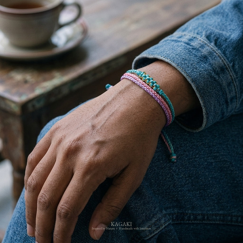 KAGAKI Trio Lavender Triad triple cord sakura knot meditation, wrist view, meditation daily ritual