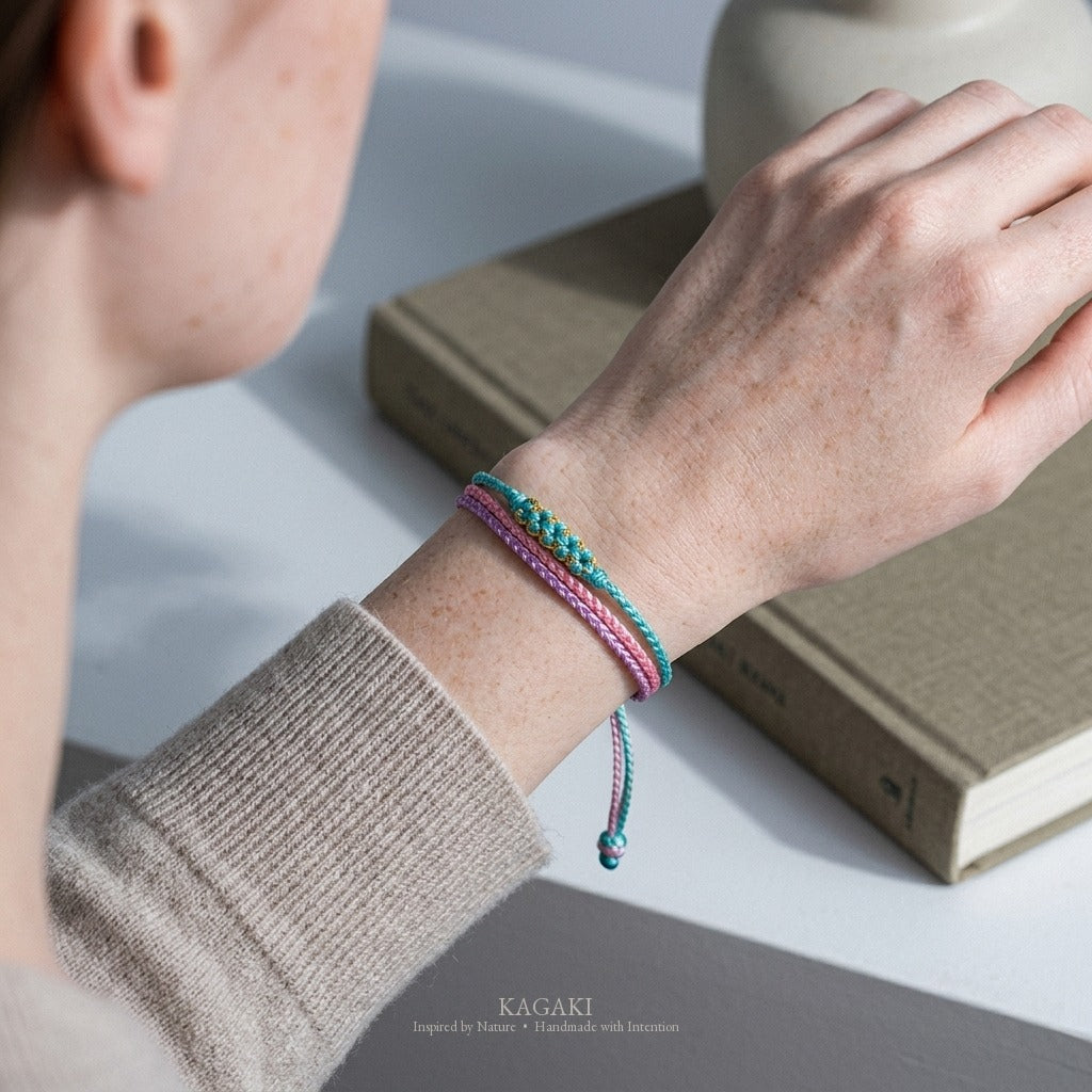KAGAKI Trio Lavender Triad triple cord sakura knot meditation, wrist view, meditation daily ritual