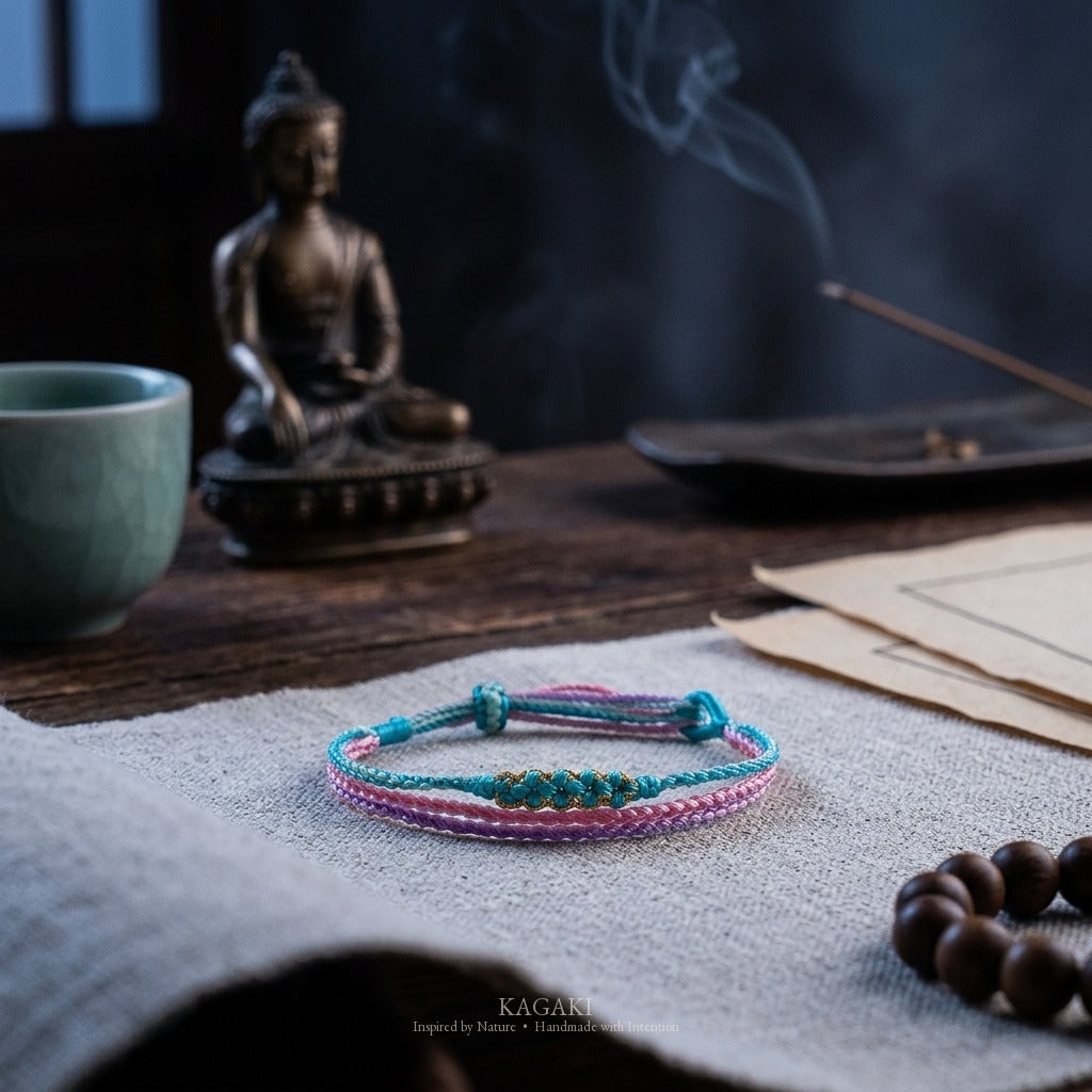 KAGAKI Trio Lavender Triad triple cord sakura knot meditation, studio view, meditation daily ritual
