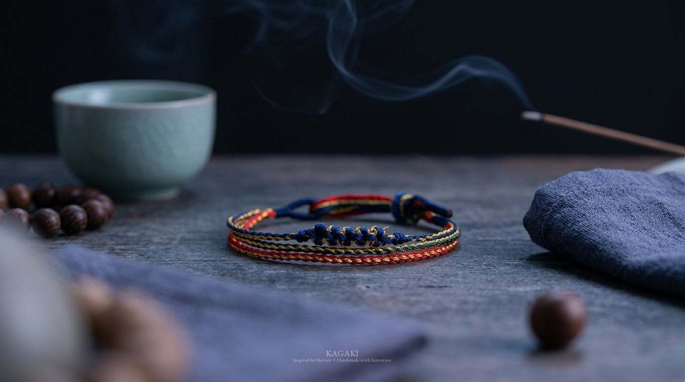 KAGAKI Trio triple cord sakura knot meditation, product view, meditation daily ritual
