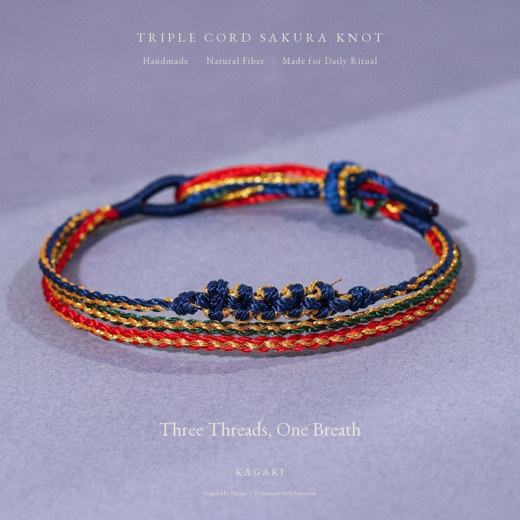 KAGAKI Trio Forest Triad triple cord sakura knot meditation, product view, meditation daily ritual