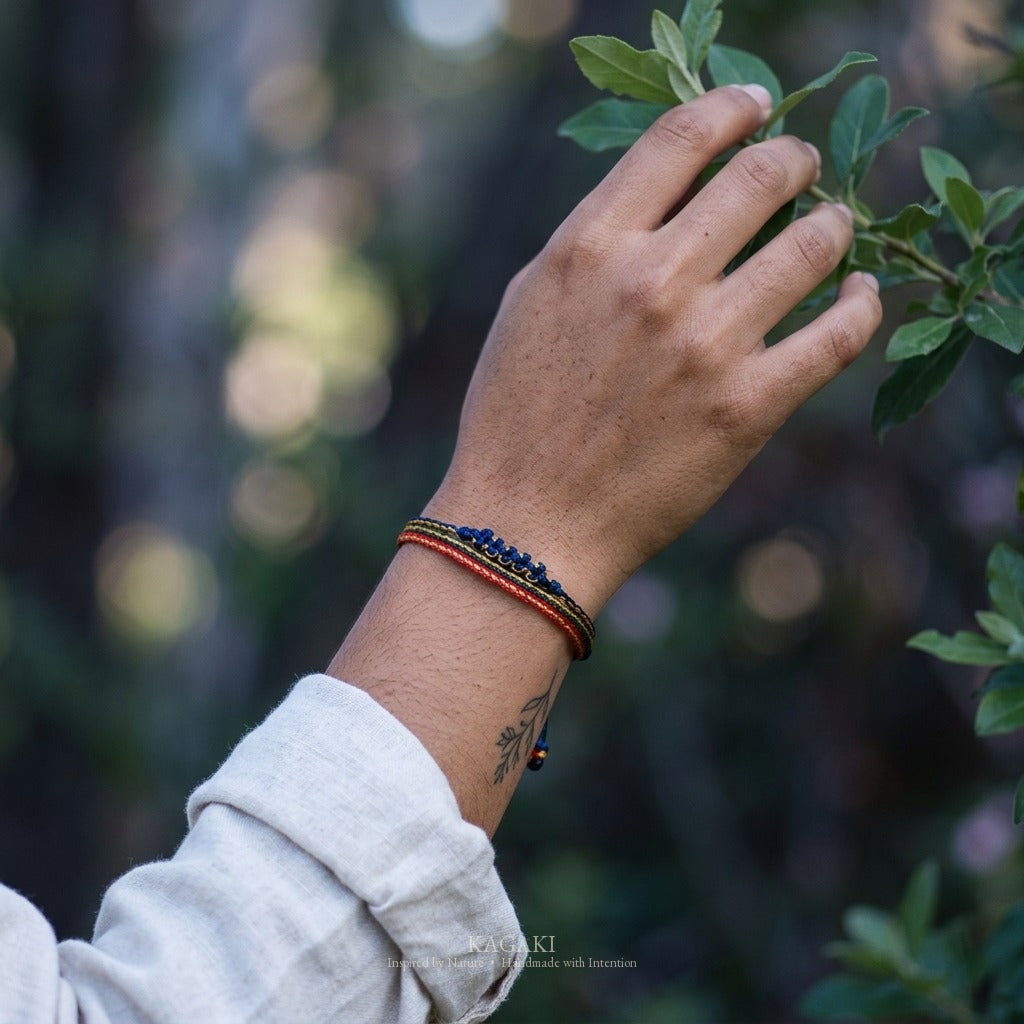 KAGAKI Trio Forest Triad triple cord sakura knot meditation, wrist view, meditation daily ritual