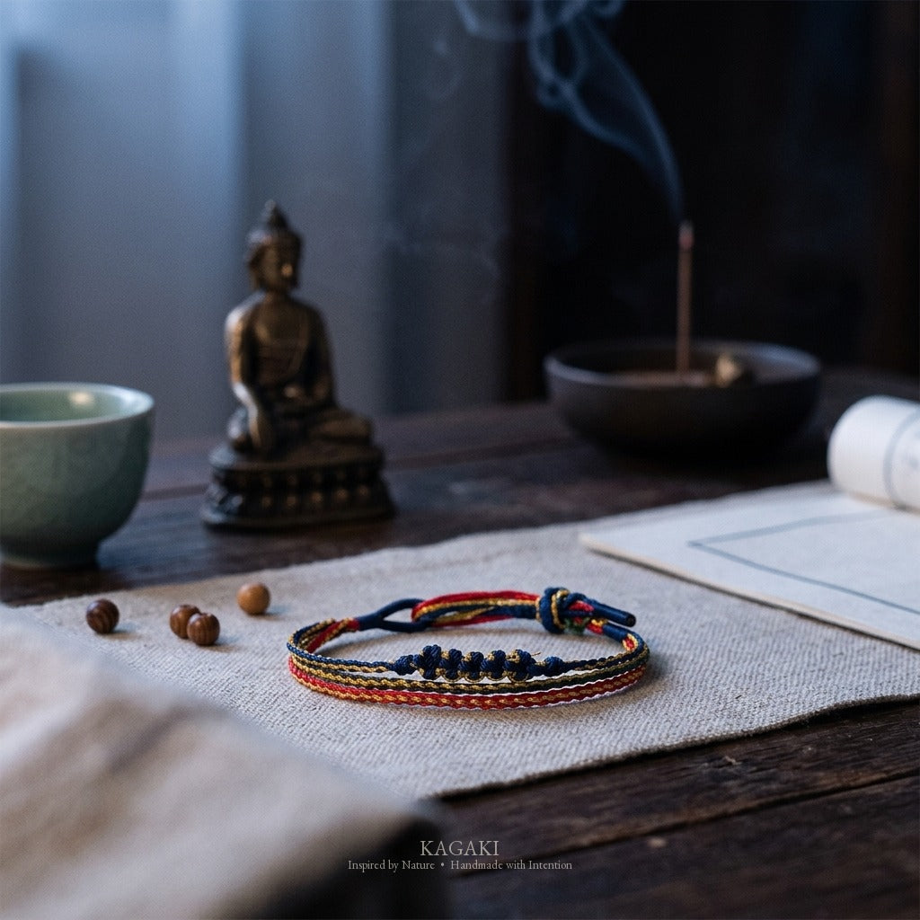 KAGAKI Trio Forest Triad triple cord sakura knot meditation, studio view, meditation daily ritual