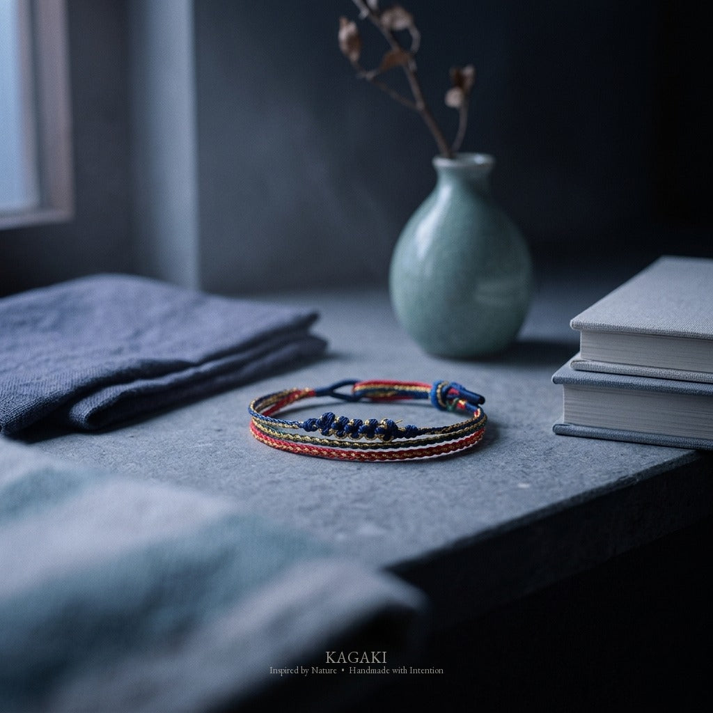 KAGAKI Trio Forest Triad triple cord sakura knot meditation, studio view, meditation daily ritual