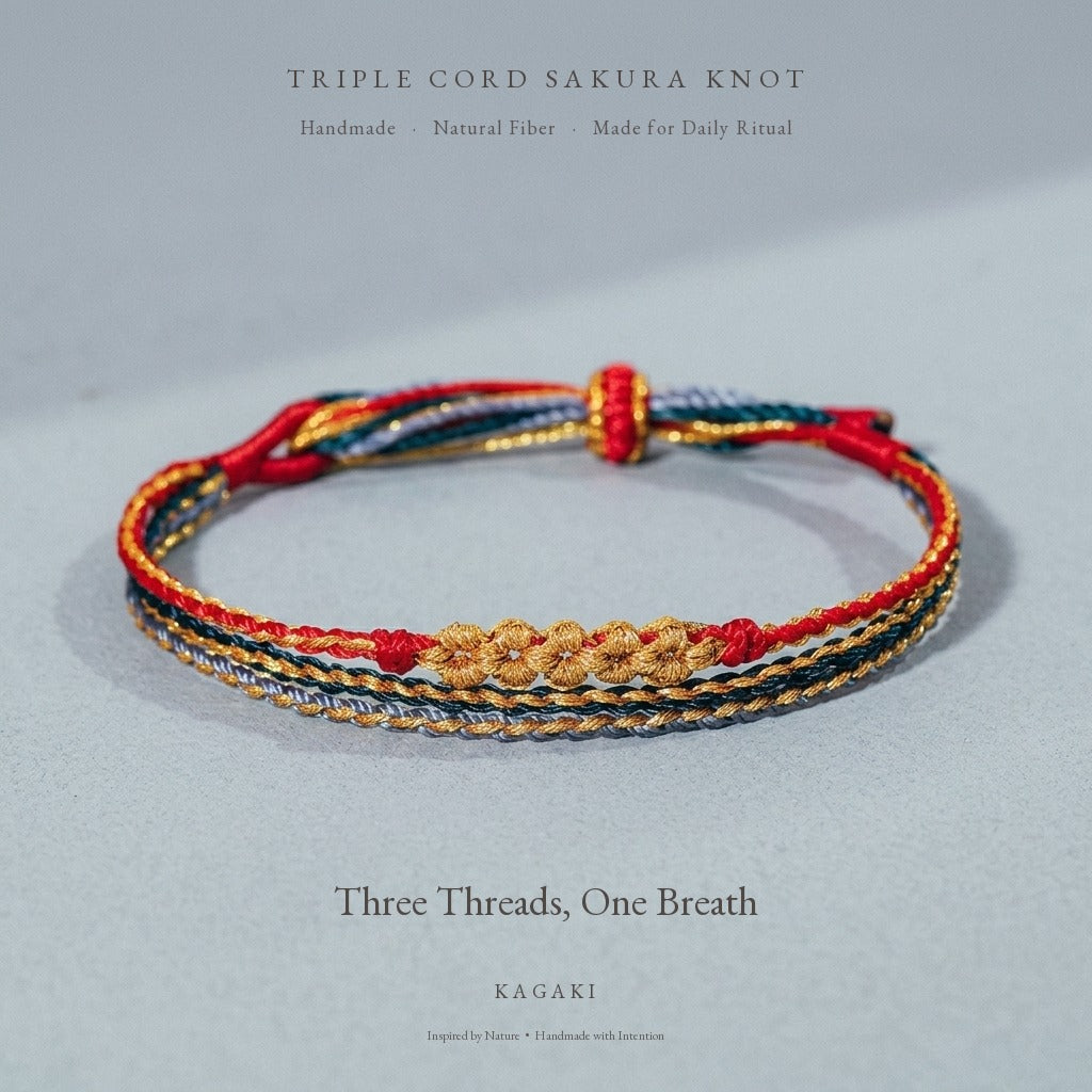 KAGAKI Trio Ember Triad triple cord sakura knot meditation, product view, meditation daily ritual