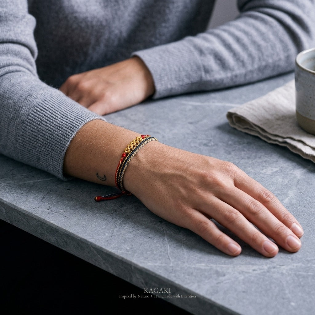 KAGAKI Trio Ember Triad triple cord sakura knot meditation, wrist view, meditation daily ritual