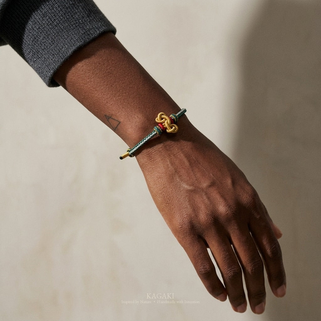 KAGAKI handmade Tibetan-inspired protection cord bracelet with gold thread detail — Vein – 脈 — Garden Vein — on-wrist-luxury-supplemental (12/14)