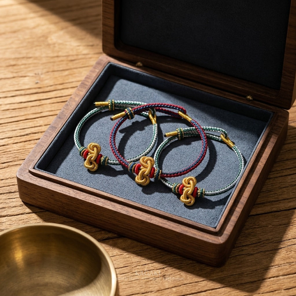 KAGAKI handmade Tibetan-inspired protection cord bracelet with gold thread detail — Vein – 脈 — — — grouped-showcase (13/14)