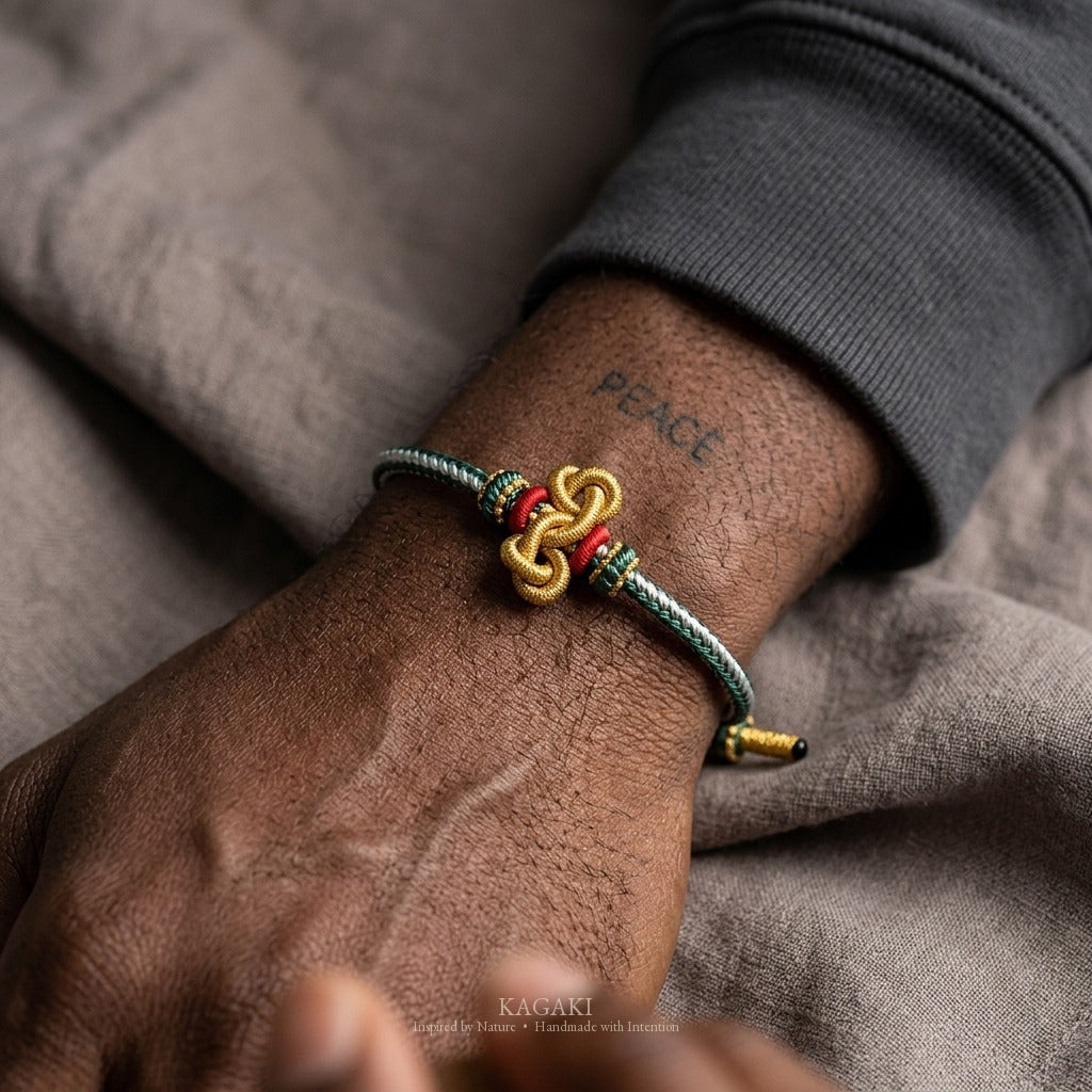 KAGAKI handmade Tibetan-inspired protection cord bracelet with gold thread detail — Vein – 脈 — — — on-wrist-lifestyle (6/14)